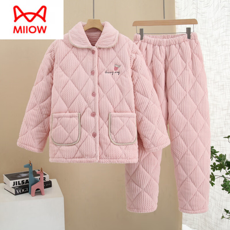 猫人(MiiOW)睡衣女秋冬季加厚加绒珊瑚绒夹棉三层保暖可外穿法兰绒家居服套装 一套过冬 杏仁黄纽扣 L 女适合80-105斤左右