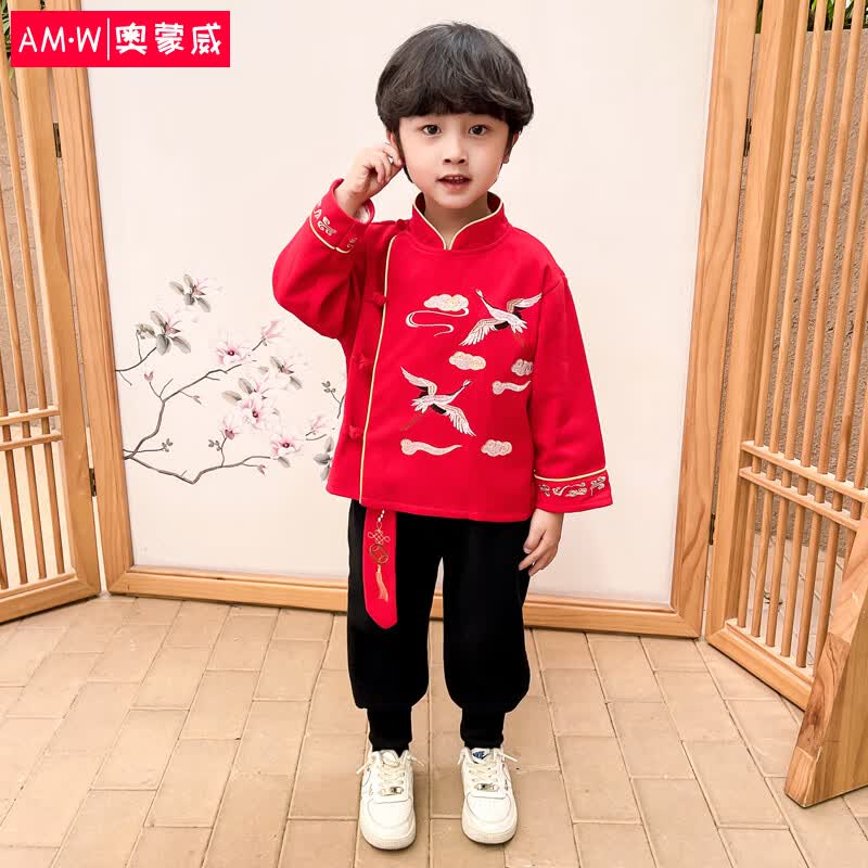 奥蒙威儿童汉服春秋季男童古风唐装刺绣中国风套装 ER-TF-21915 红色140属于什么档次？