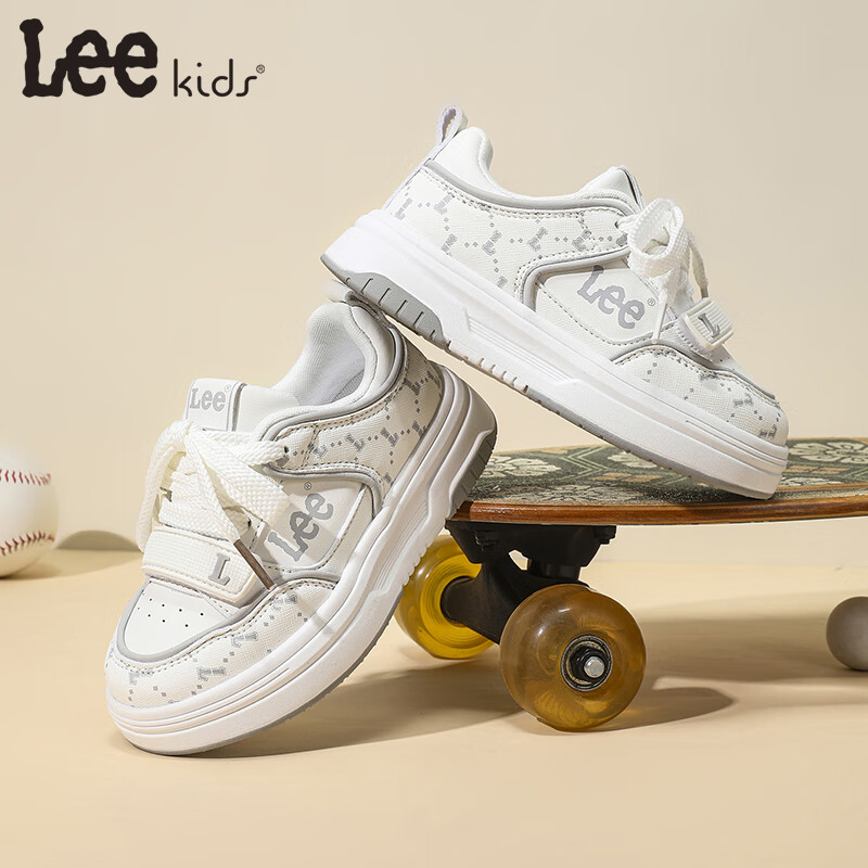 Lee童鞋儿童运动鞋【魔术贴小白鞋】春季校园透气男女童休闲板鞋 米白 28 【建议脚长174mm】