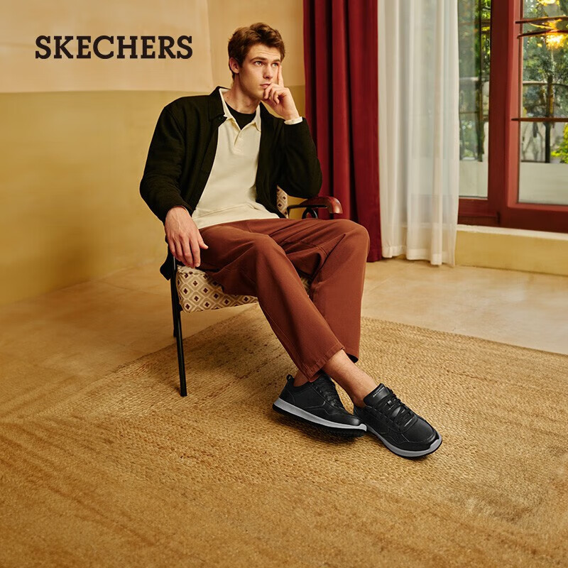 斯凯奇（Skechers）男鞋休闲皮鞋商务通勤黑色工作鞋简约百搭黑色运动鞋 黑色/白色/BKW 40