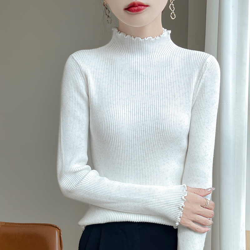 香影芬高级感木耳边针织衫女内搭秋冬打底衫2025新款洋气半高领花边毛衣 米色 L (建议105-115斤)