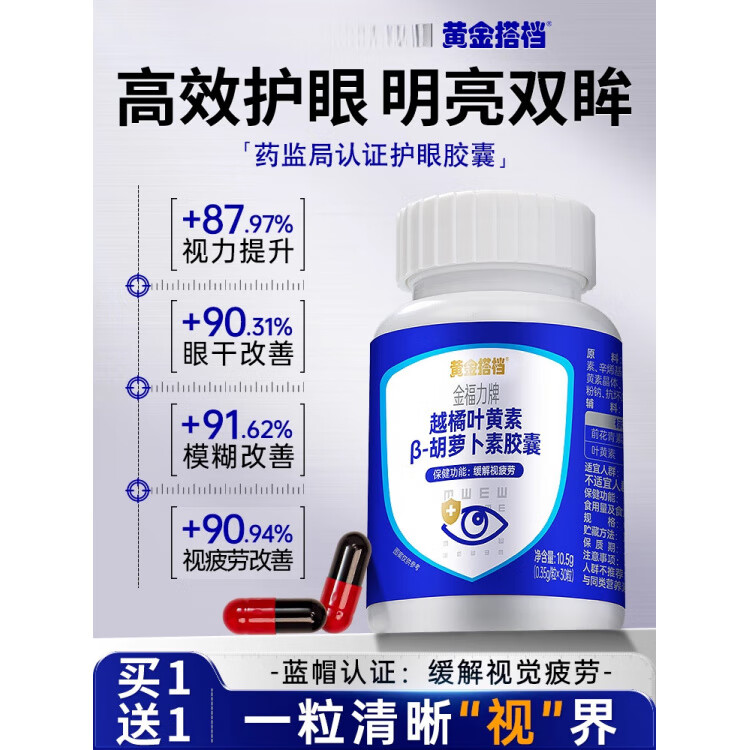 黄金搭档越橘叶黄素软胶囊缓解眼干眼疲劳成人护眼 【买1+1 实发2瓶】基础呵护 缓解眼疲劳