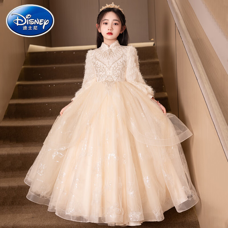 迪士尼(Disney)女童礼服主持人秋冬花童小女孩高端轻奢儿童生日公主裙钢琴出演服 1518长款香槟不加绒 关注送水晶皇冠 160 cm