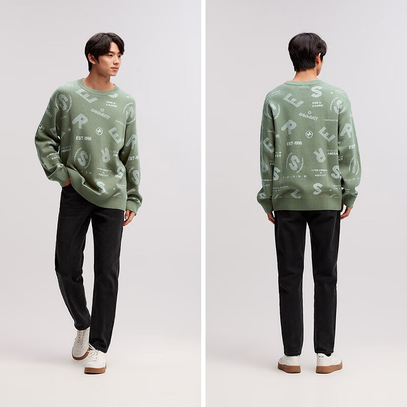 森马（Semir）[毛衫合辑]男士毛衫秋冬简约保暖毛衣针织衫情侣款 [A款]绿白色调00341 2XL