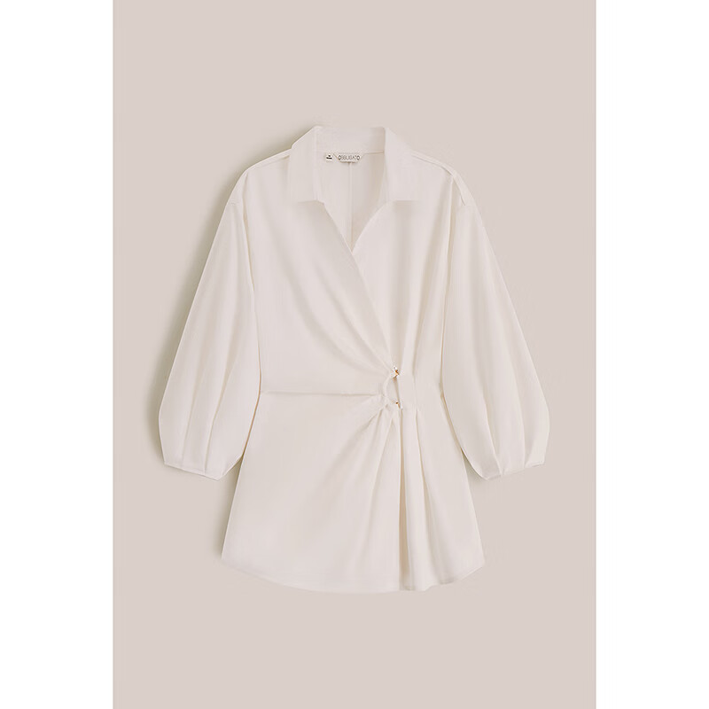 OBBLIGATO奥丽嘉朵2025夏季新款灯笼袖D字扣不对称打褶收腰衬衫 本白 S