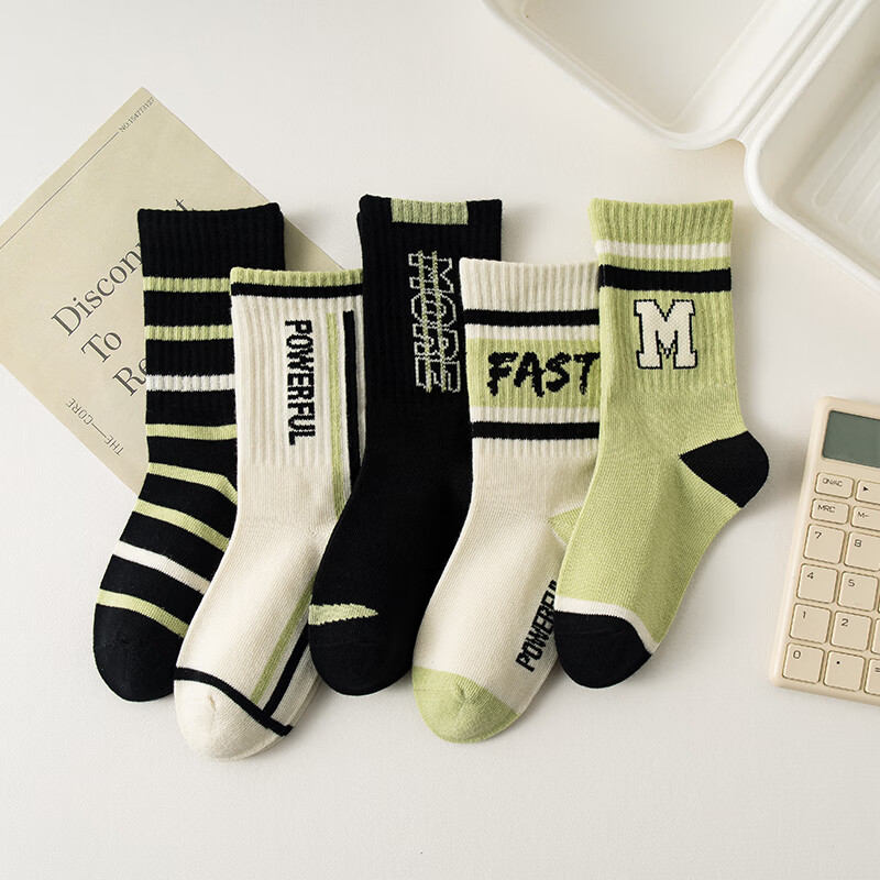 caramella儿童袜男童女童秋冬季棉袜亲肤透气中筒袜休闲舒适小中大童袜子 男童字母款5色 5双 9-12岁 (XL)