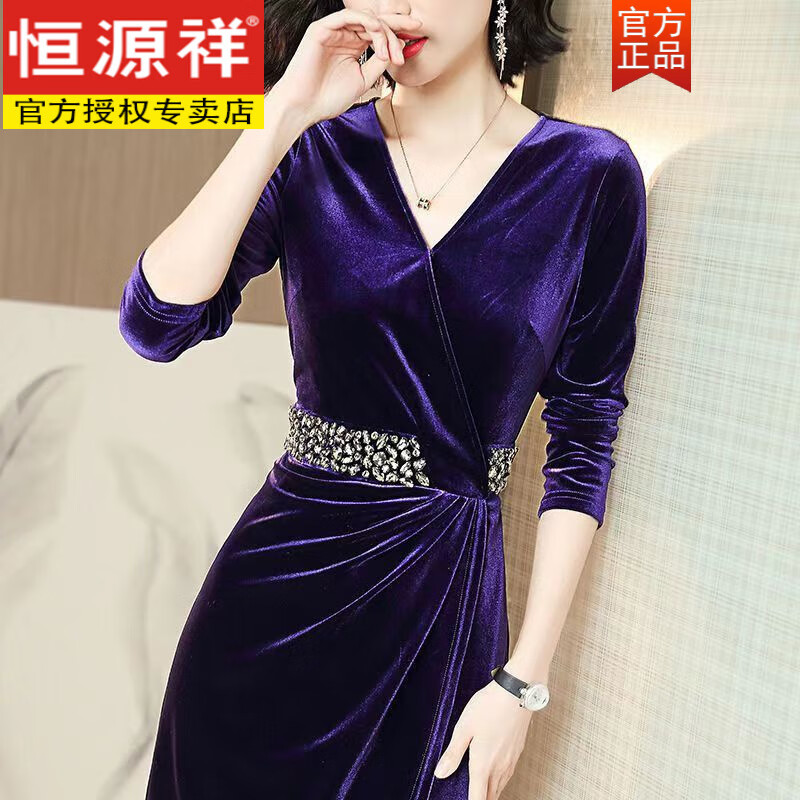 恒源祥时尚酒红色金丝绒镶钻连衣裙2025新款打底包臀裙修身显瘦旗袍裙女 紫色 2XL 建议121-135斤