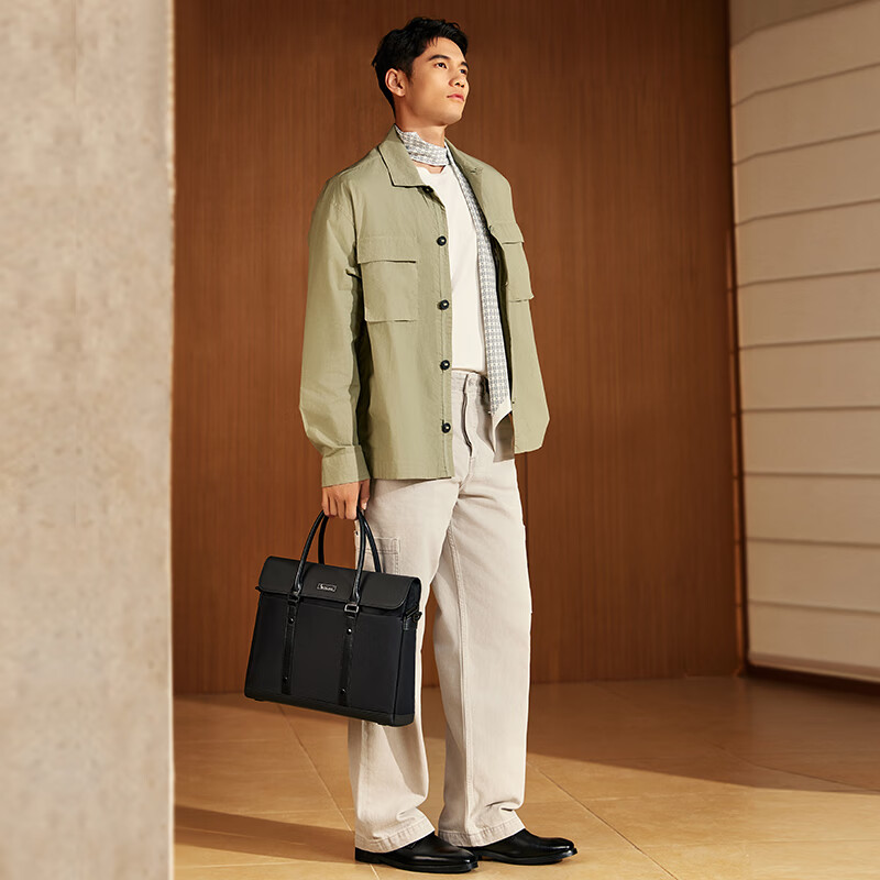 爱华仕先锋系列商务公文包男包出差大容量横款办公手提包轻奢电脑包 黑色 中包15.6英寸