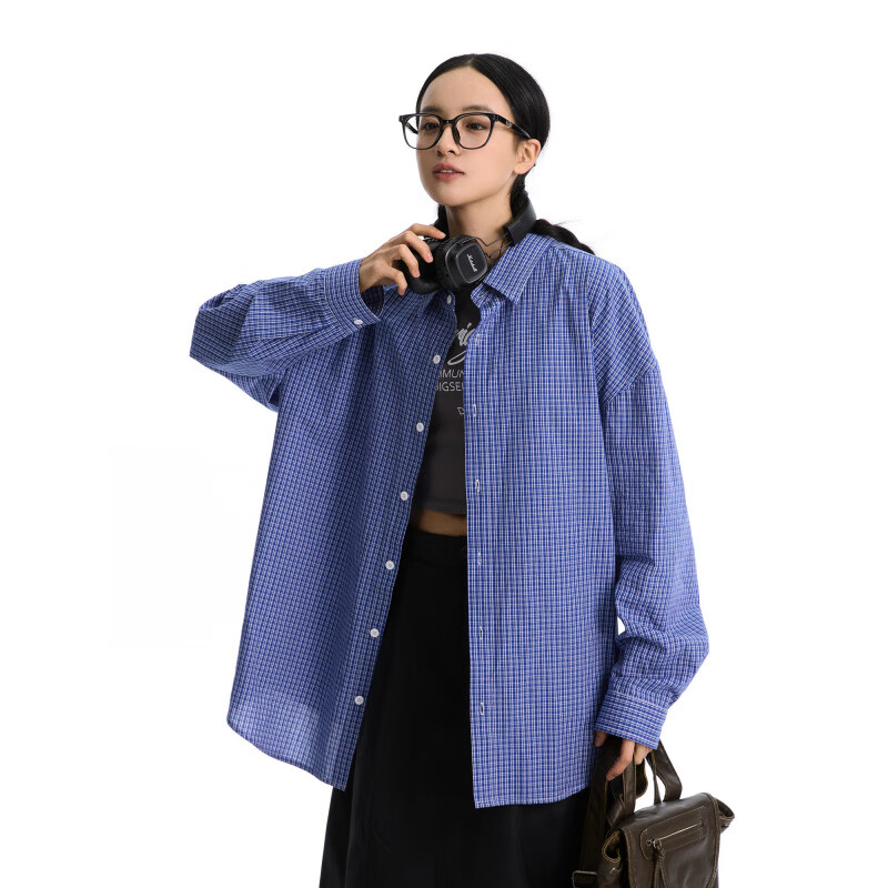 星禾莱美式重磅复古格子长袖衬衫男秋季防晒休闲宽松情侣衬衣外套 黑色 XL 130-145斤