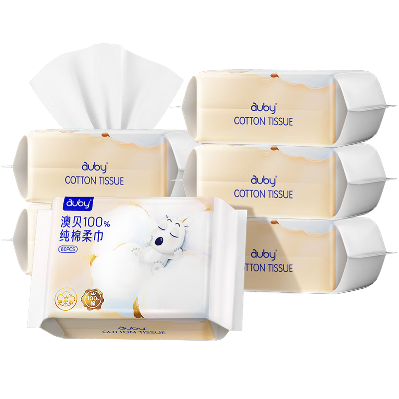 澳贝（auby）棉柔巾婴幼儿100%纯棉全棉专用洗脸擦脸巾一次性干湿两用80抽6包