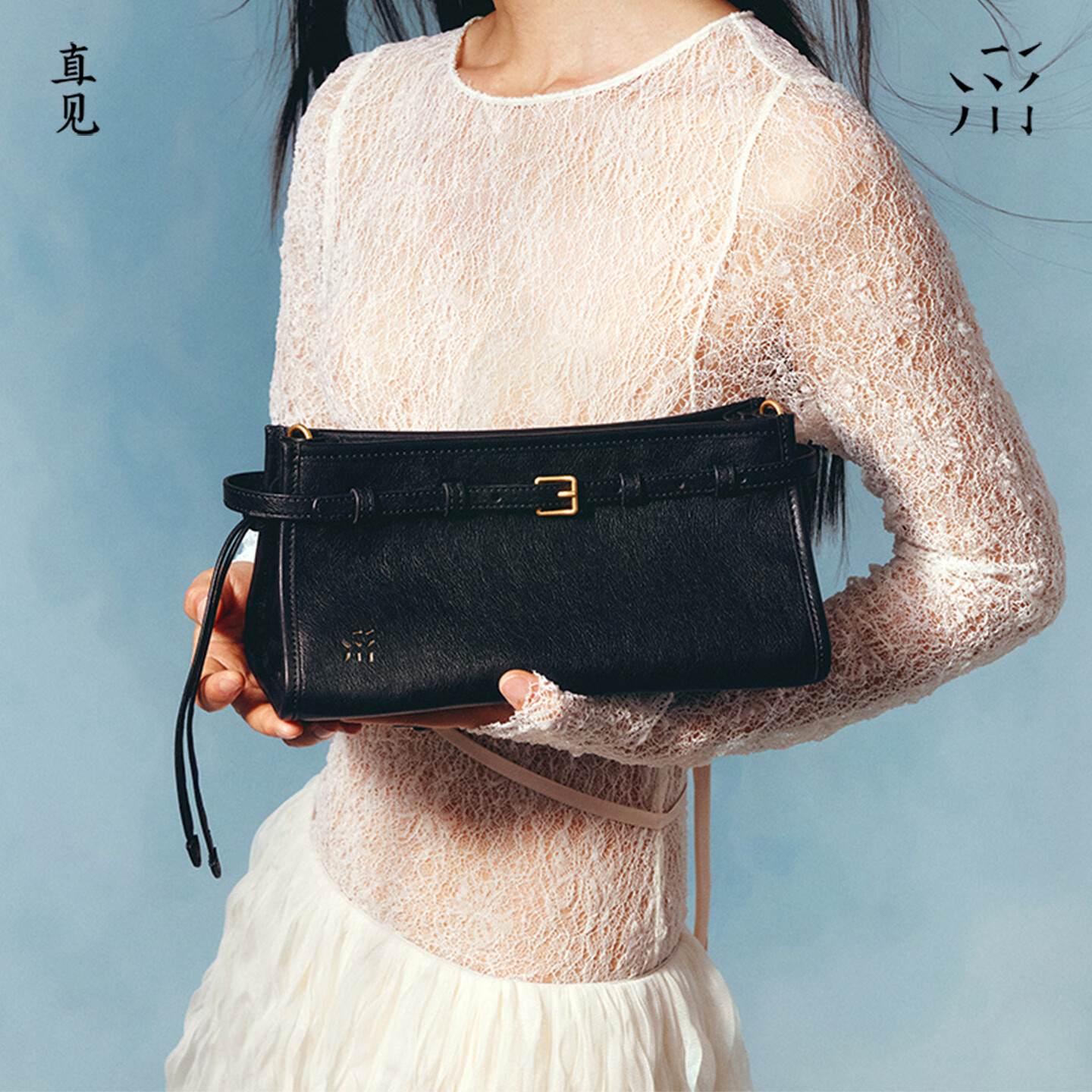 直见【38节礼物】吟风波士顿包轻奢头层真牛皮百搭单肩斜挎枕头女包 墨黑色