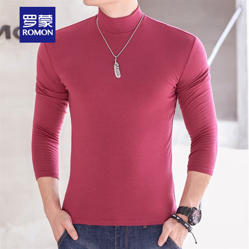 罗蒙(ROMON)男士纯棉长袖t恤半高领打底衫纯色修身简约休闲中领内搭上衣 湛蓝色 6XL 240斤左右