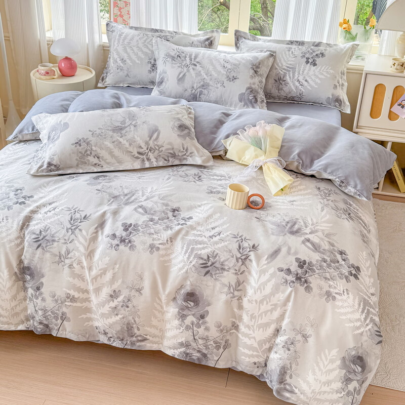 多兰诗（Duolanshi）磨毛四件套 春秋加厚保暖小清新宿舍卡通家用斜纹四件套 晚棠 1.8米 床笠款 被套180*220 四件套