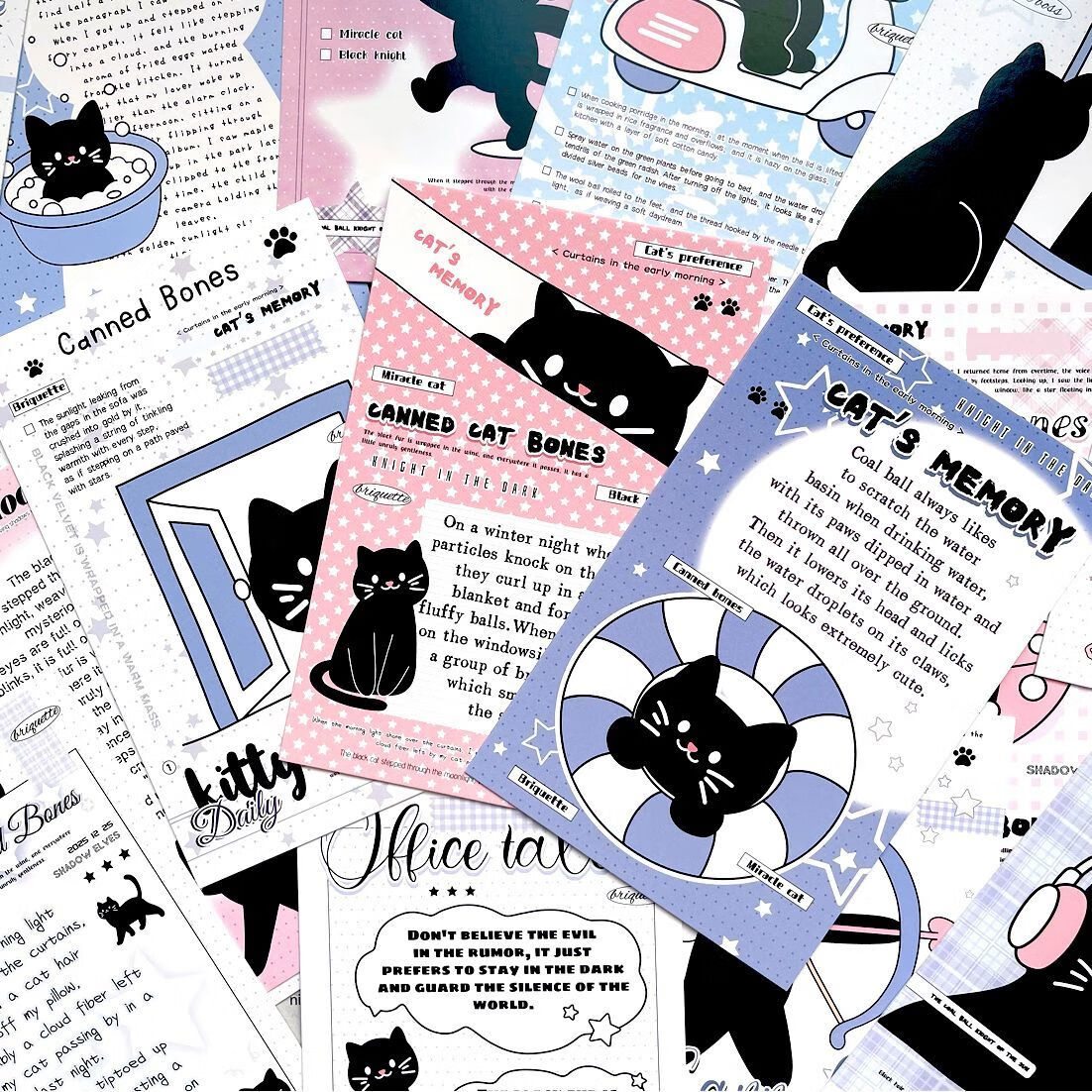 嘟嘟麦卡通可爱小黑猫罐头味的骨头卡片ins明信片文艺装饰墙贴自粘30张 【罐头味的骨头】明信片30张