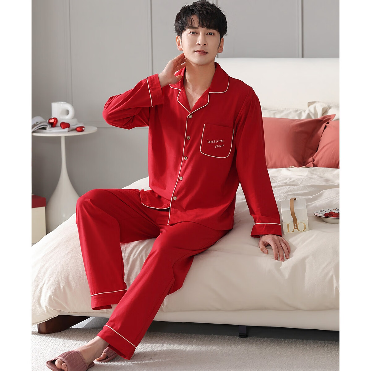 多拉美情侶睡衣女秋冬長袖大紅喜慶本命年結婚開衫翻領男女士家居服套裝 款式2男 XL