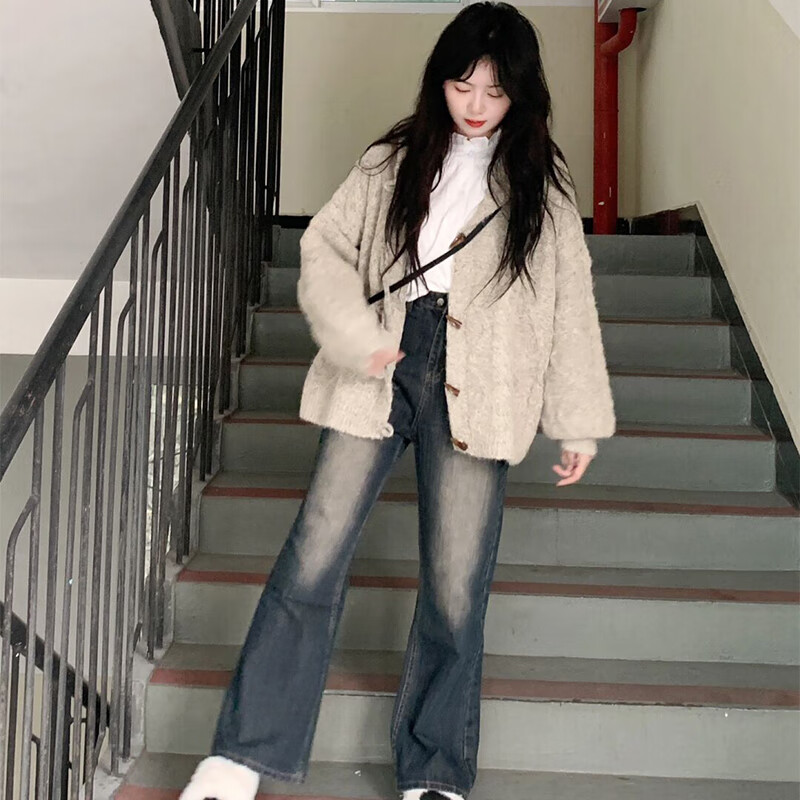 翊尚美针织衫女秋冬新款2025年小个子软糯慵懒连帽毛衣宽松开衫百搭外套 燕麦色 【不缩水不易起球】 均码 【推荐80-140斤】