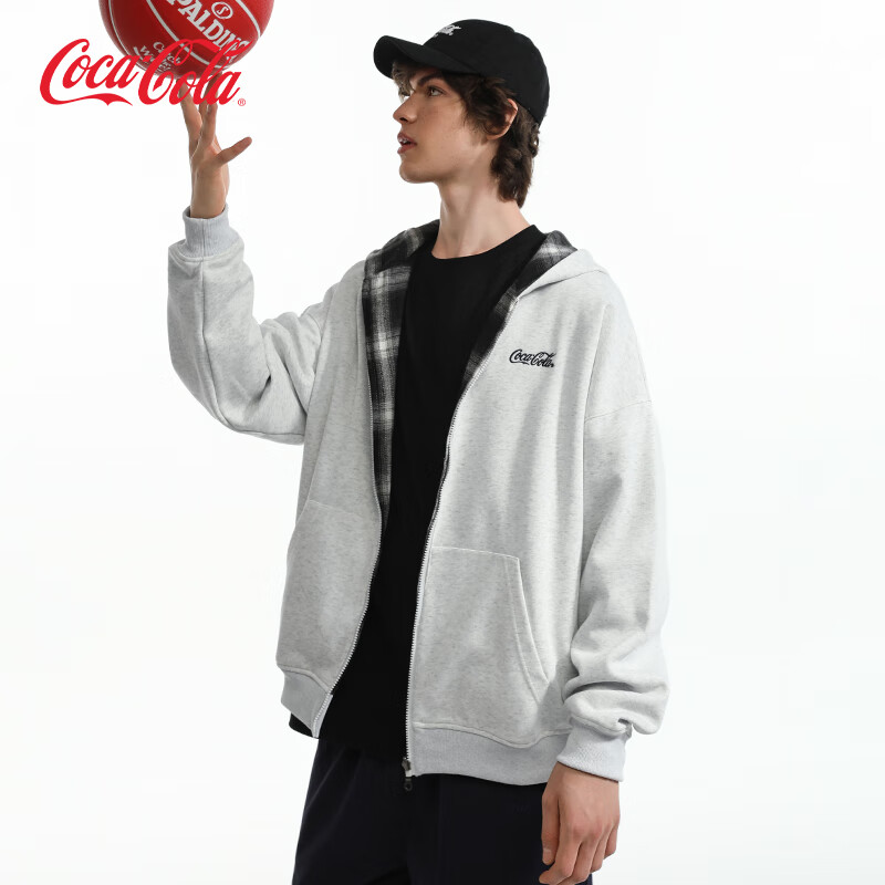 可口可乐（Coca-Cola） 双面穿格子刺绣连帽开衫外套卫衣 男女同款 白花灰色 M