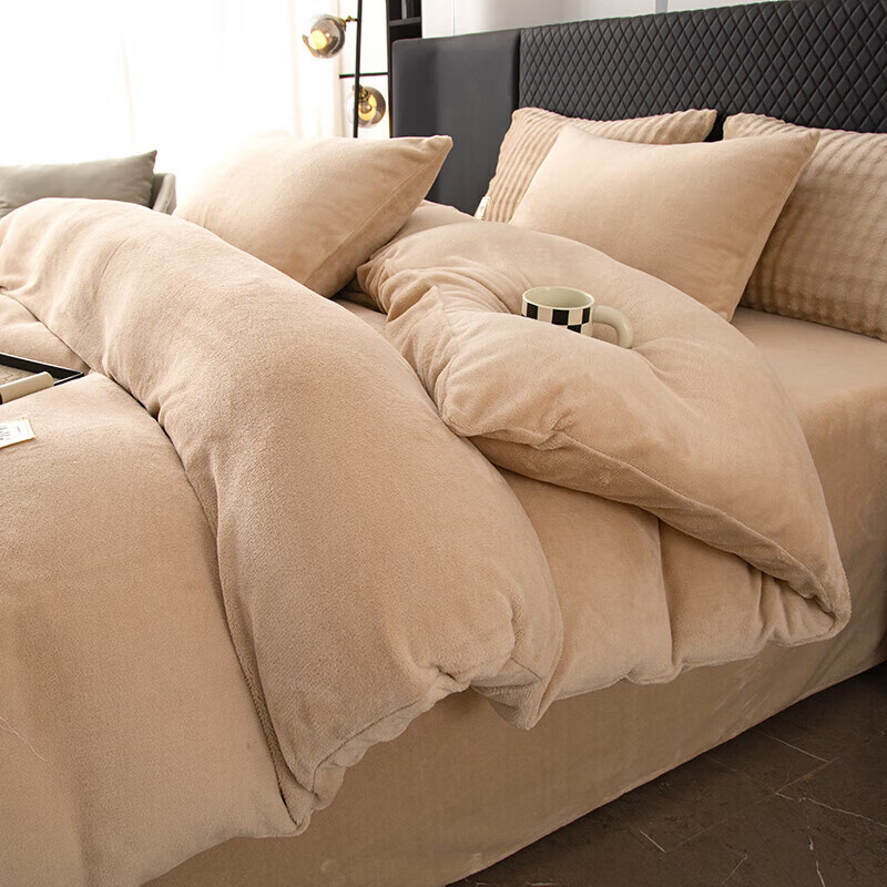 软贝简约轻奢牛奶绒床上四件套保暖毛绒床单被套学生宿舍秋冬款三件套 卡其 2.0m 床单款 (被套200*230cm) 四件