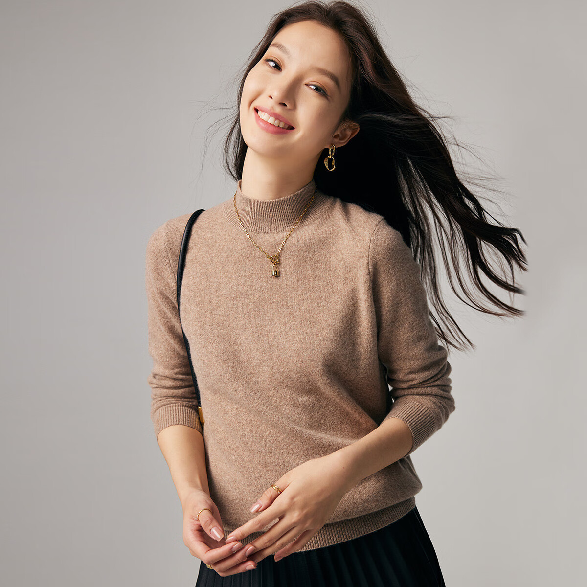 帕罗（PALUOPO）休闲百搭100%山羊绒衫女士秋冬基础多色半高领针织保暖毛衣 浅咖夹花 半高领 L 165/105