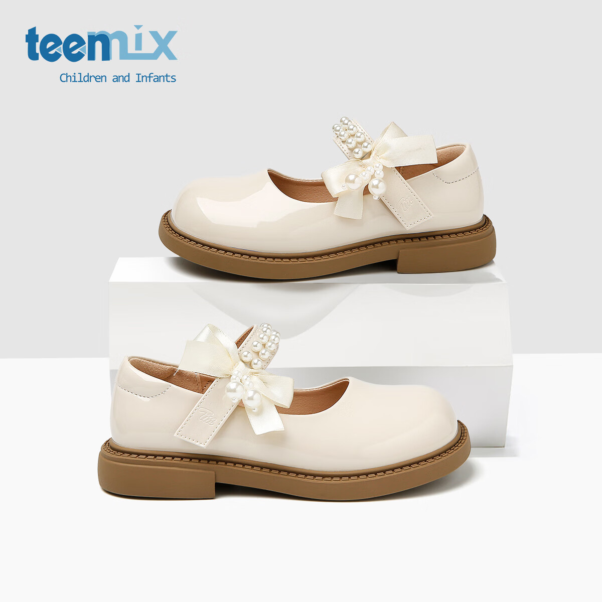 天美意天美意儿童2025秋季新款女童中大童软底皮鞋女孩时尚百搭公主单鞋 米色 30