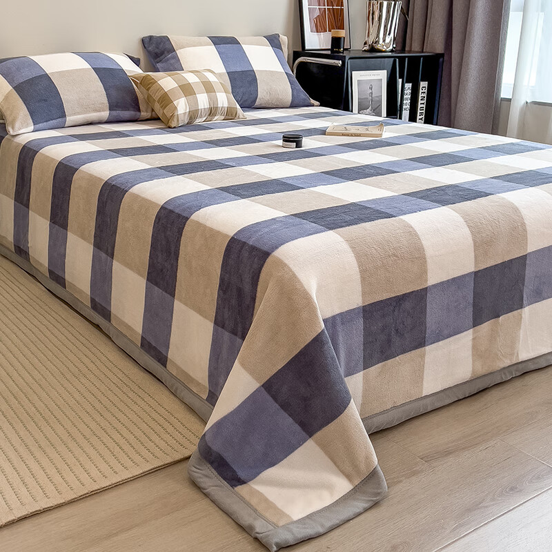 苏萱纯色牛奶绒床单单件加厚法兰绒被单学生宿舍单人加绒垫被2025新款 蓝大格 床单单件：230x250cm