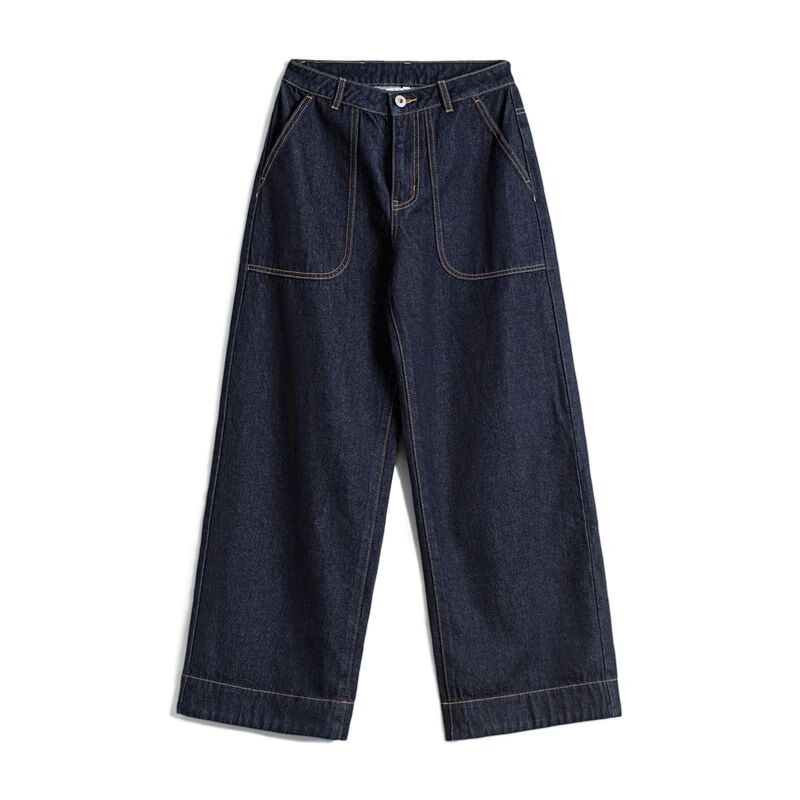 马登女装 牛仔裤女士秋季新款美式巴黎扣丹宁蓝原色宽松直筒阔腿裤子 洗水蓝 S 偏大，日常穿M码建议此尺码