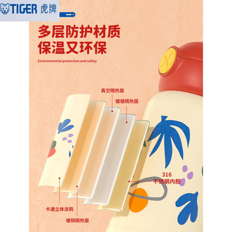 虎牌（TIGER）儿童保温杯女孩带吸管小学生外出宝宝婴儿水壶幼儿园上学专用水杯 森林红(一杯三盖+杯套+礼盒装)450ML