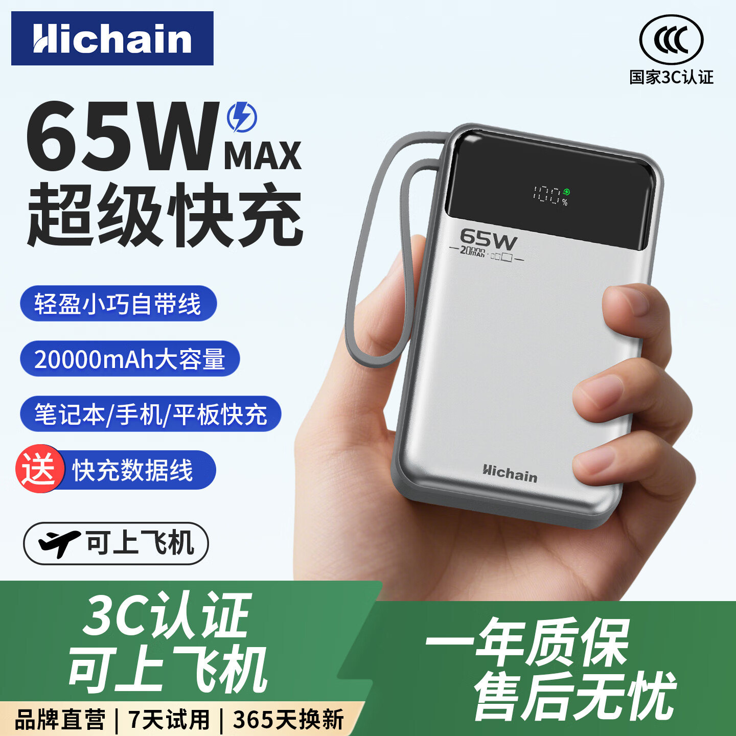 Hichain和昌【3C认证】充电宝移动电源65W大功率快充自带线20000毫安大容量便携小巧可上飞机可充笔记本 【65W双向快充| 笔记本电脑】20000mAh银