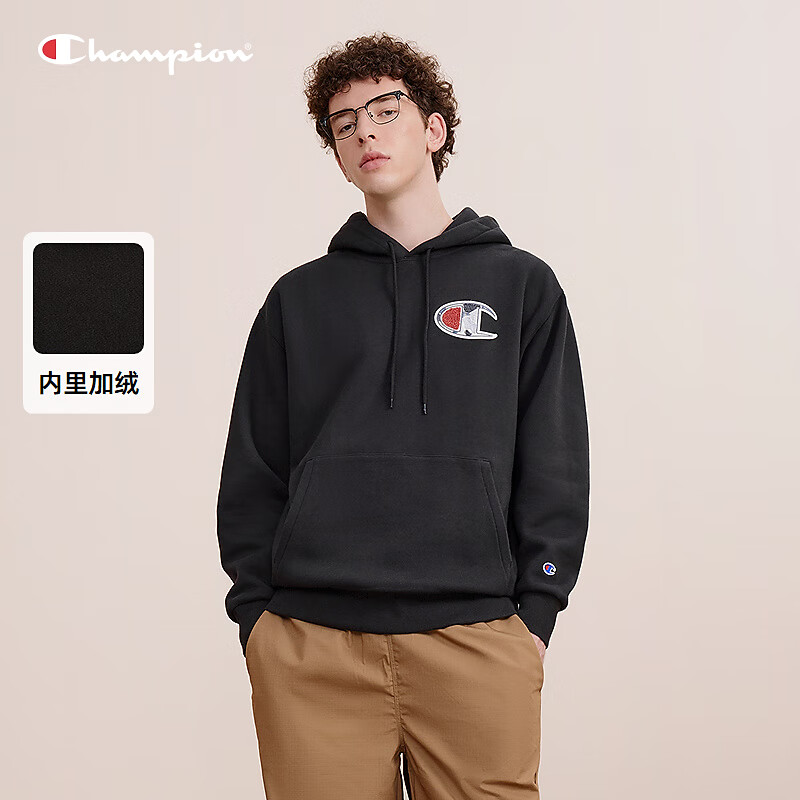 Champion冠军连帽卫衣加绒男24冬季新款美式潮牌女卫衣 黑色 L
