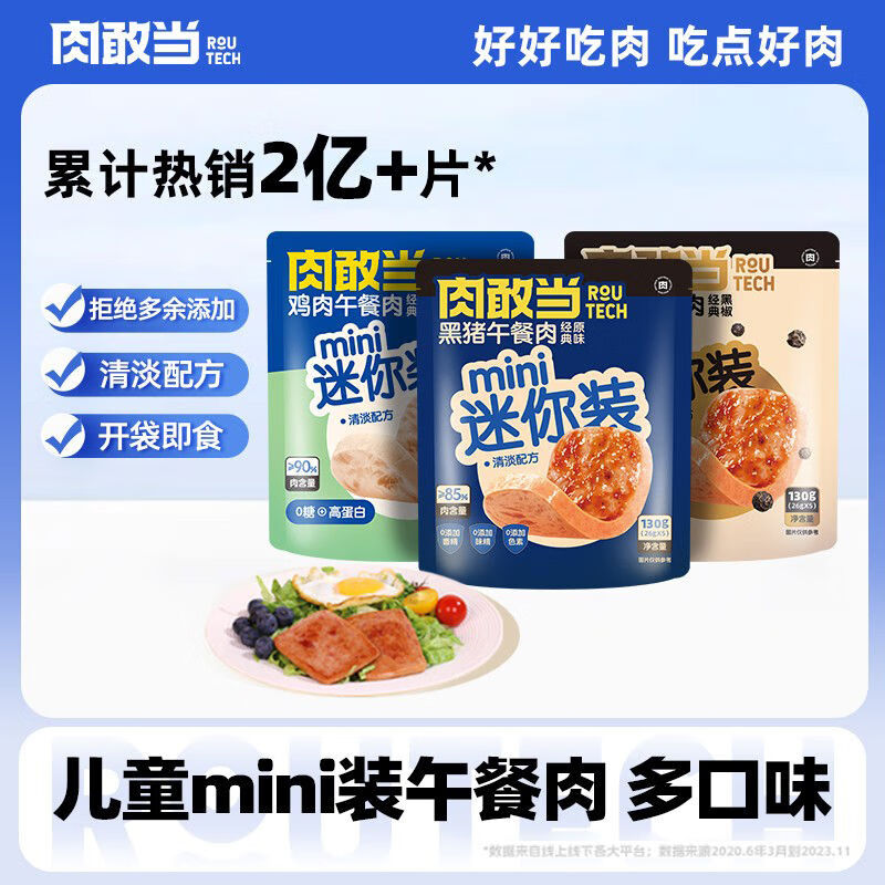 肉敢当黑猪肉速食独立小包装片装火腿午餐肉软罐头即食儿童早餐 黑猪Mini*1袋（26g*5片）