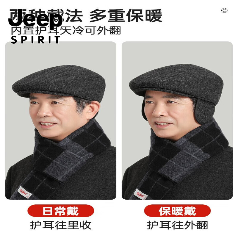 吉普（JEEP）中老年人前进帽帽子男士秋冬鸭舌帽爸爸护耳冬天老头帽加厚大头围 【深灰帽子+围巾】加厚加绒 S(57-58cm)较小头围