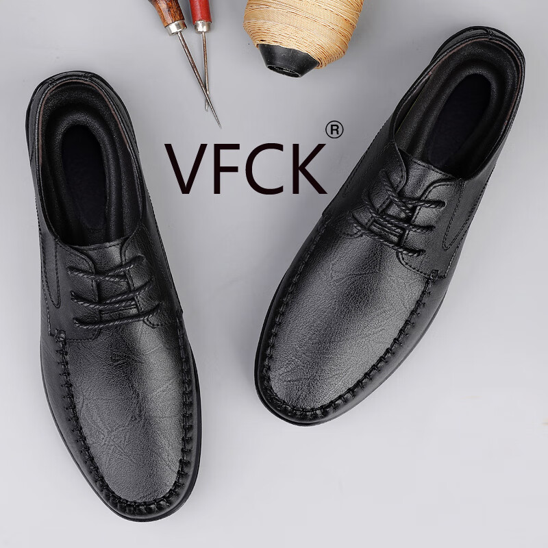 VFCK官方正品男鞋2025新款真皮透气商务休闲皮鞋男软皮软底系带驾车鞋 黑色CK-9810 46 (280mm) 标准皮鞋尺码