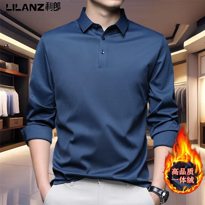 利郎男装商务长袖加绒T恤秋冬季新款桑蚕丝免熨烫男士高端行政T恤衫 225-黑色 加绒 L 170/建议120-140斤