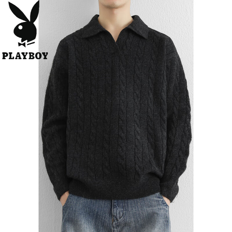 花花公子（PLAYBOY）美式复古慵懒麻花纹理假两件翻领套头毛衣男宽松拼接针织衫外套潮 黑色 M