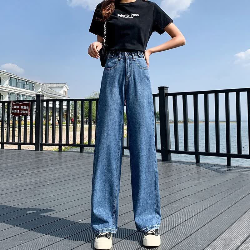 燠阳多扣可调牛仔裤女高腰显瘦学生百搭宽松直筒韩版垂感阔腿裤子DM 1003浅蓝色 M 【93-105斤】