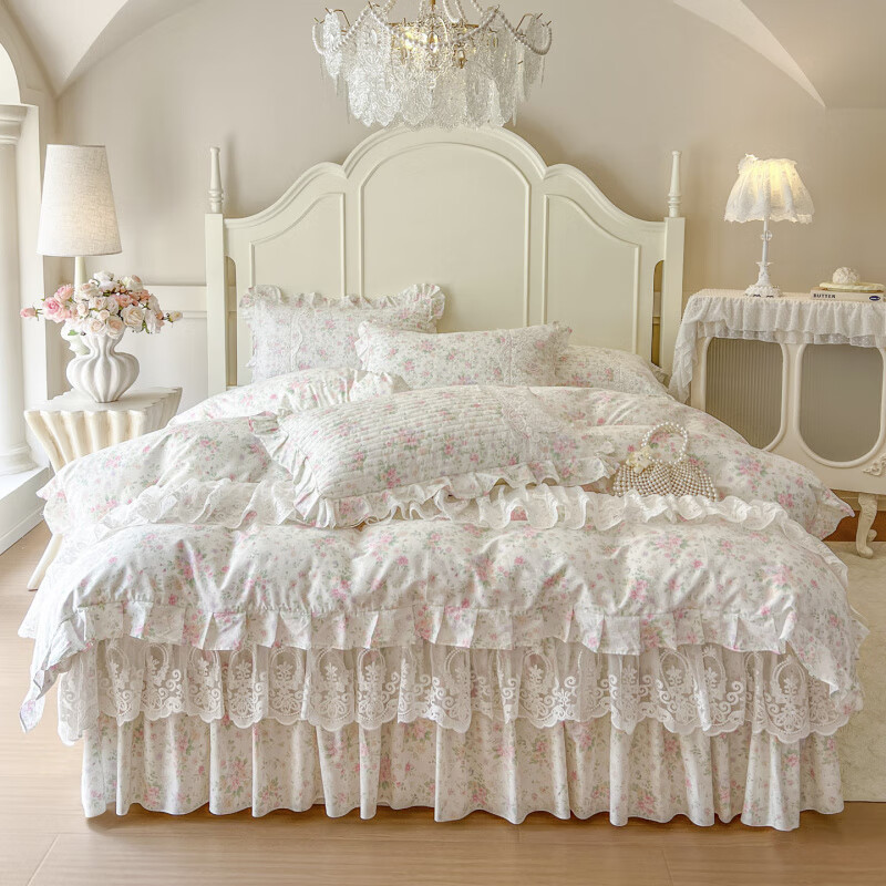 元族2025新款全棉纯棉印花床裙四件套床裙 花团锦簇 床裙款 1.5四件套-被套200x230