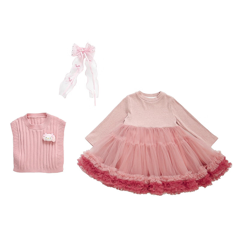 G.duck库洛米女童连衣裙春秋新款女宝宝公主裙美乐蒂儿童毛衣马甲两件套 粉色+发夹 110 (建议身高100cm 4-5岁)