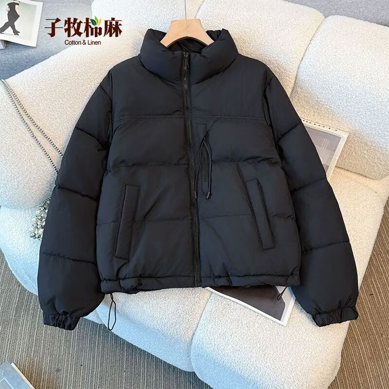 子牧棉麻2025冬装 女百搭立领棉袄棉衣短款加厚宽松显瘦棉服外套0507 黑色 M (建议90-115斤) 京东折扣/优惠券