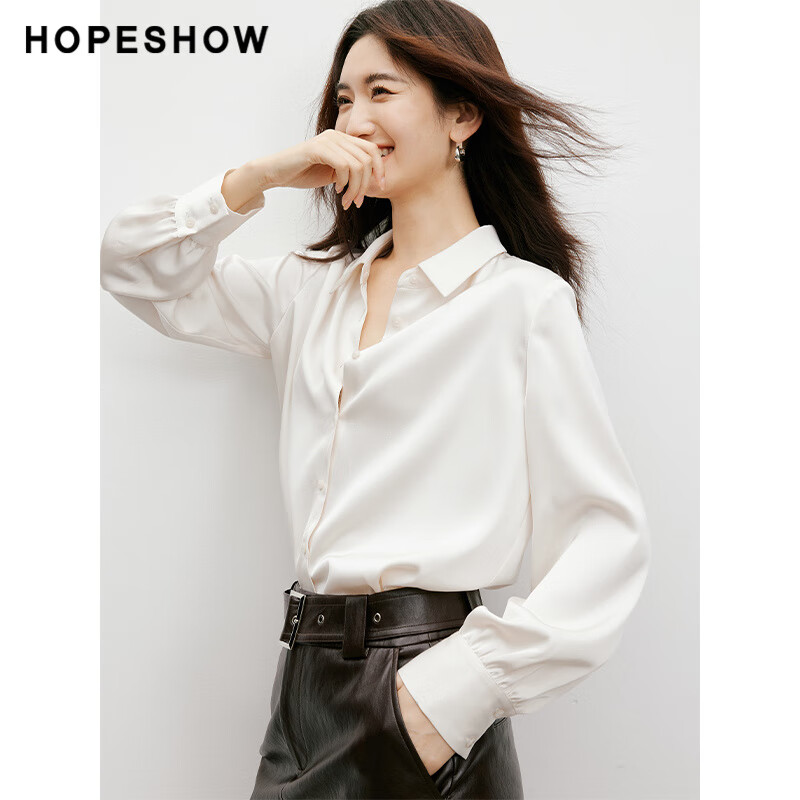 紅袖（hopeshow）【高光垂感】緞面襯衫春秋季新款女裝翻領(lǐng)垂感顯瘦氣質(zhì)上衣 004米白 S