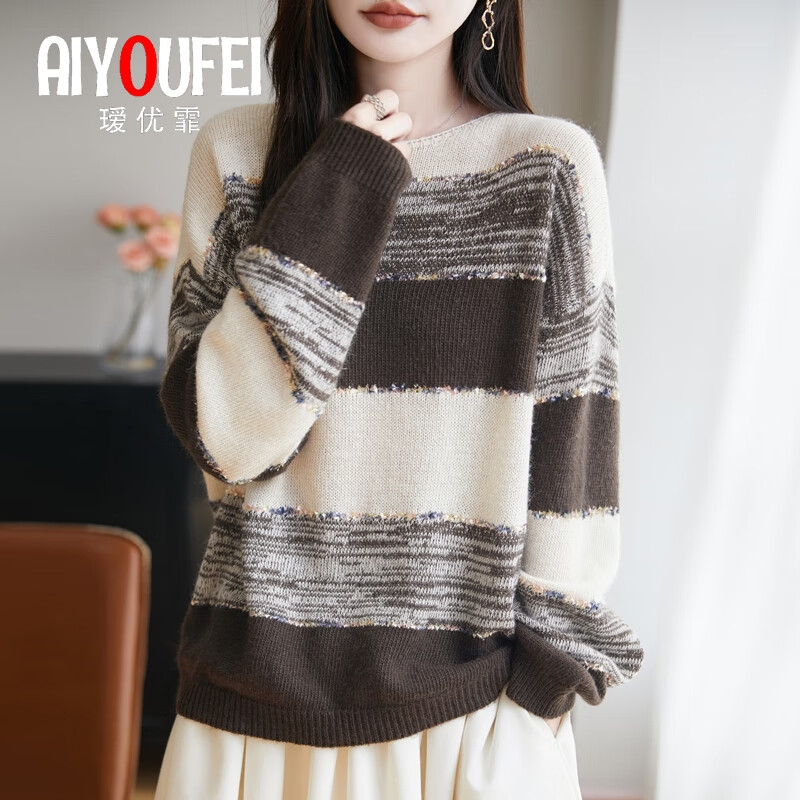 瑷优霏(aiyoufei)针织衫女套头慵懒风外穿圆领毛衣新款宽松时尚加厚羊毛打底衫上衣 图片色 咖色 M 建议95-105斤左右
