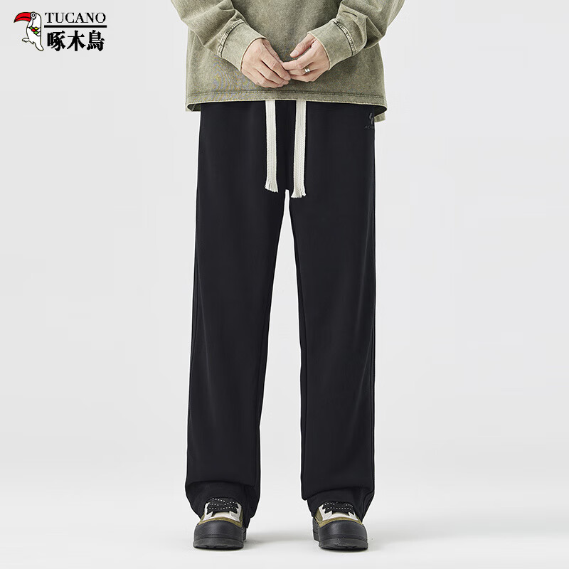 啄木鸟(TUCANO)直筒抽绳休闲裤男士秋季新款百搭宽松青年透气运动裤男士长裤子男 K111黑色 常规 4XL