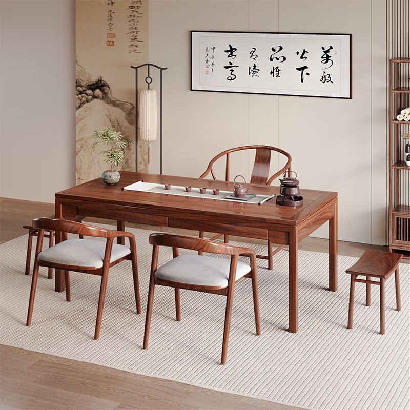 御云锦实木茶桌椅组合新中式家用小户型阳台茶桌茶台客厅泡茶桌带收纳 【132*65*76cm】推拉茶桌 酸枝木-胡桃色