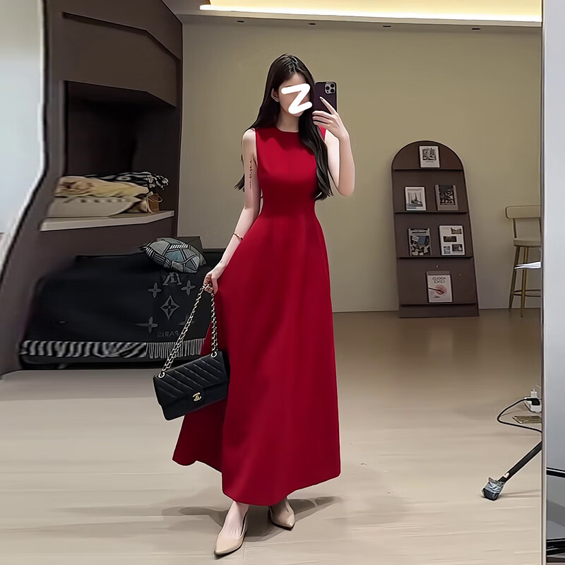GARNUO红色无袖连衣裙子女夏季法式高级感订婚礼服裙敬酒服收腰显瘦长裙 红色【无袖长款】 S 【80-100斤】