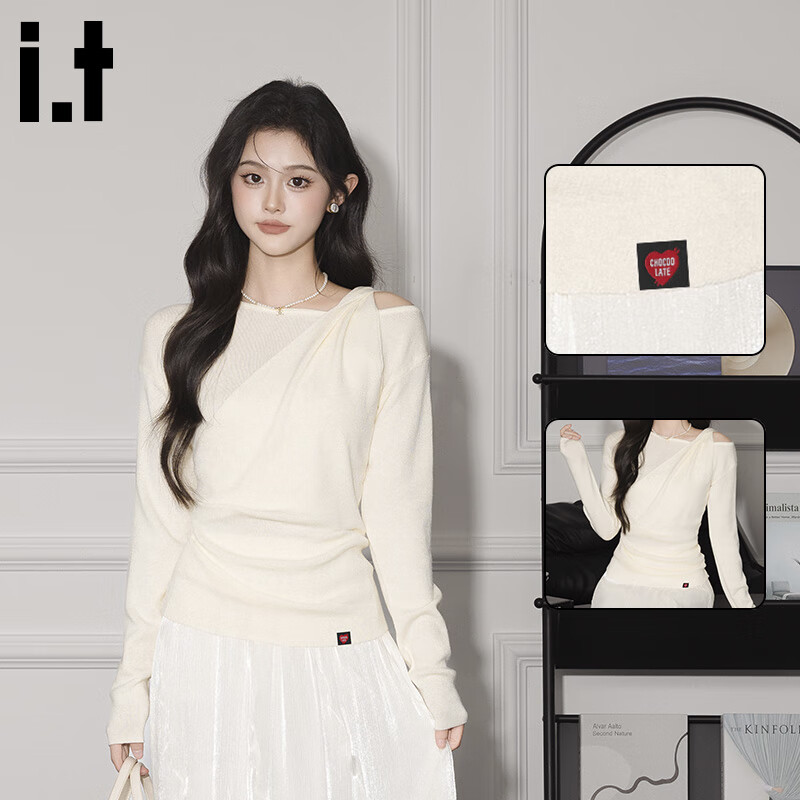 :CHOCOOLATEit纯色简约假两件针织长袖T恤女春夏新款露肩设计上衣 浅黄 均码