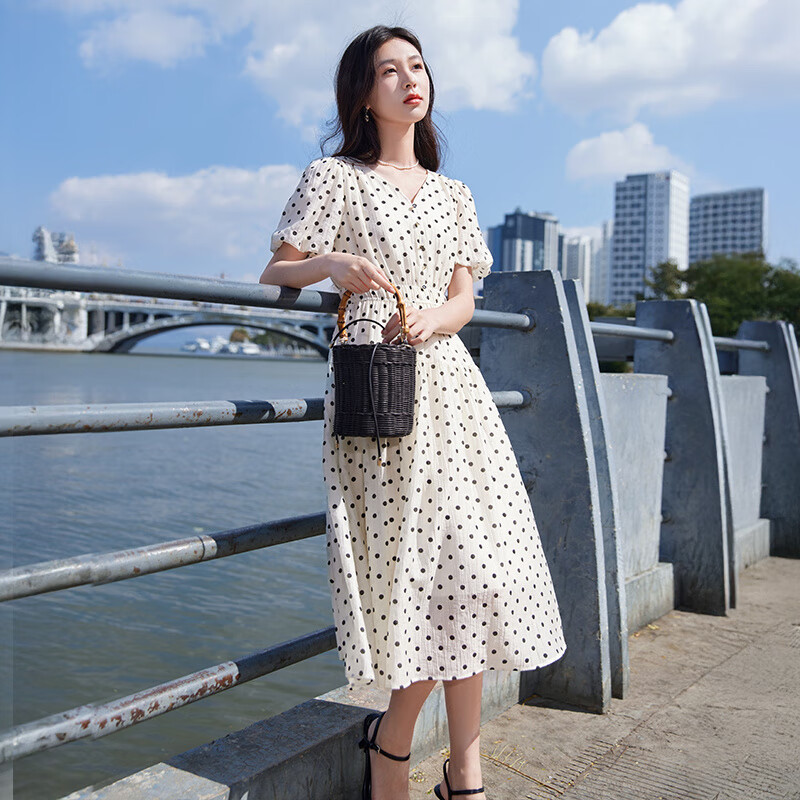 香影（xiangying）法式白色波點(diǎn)v領(lǐng)連衣裙女2025夏新款赫本茶歇萊賽爾天絲裙子七夕 波點(diǎn) S _155_80A_85-95斤_裙長(zhǎng)10