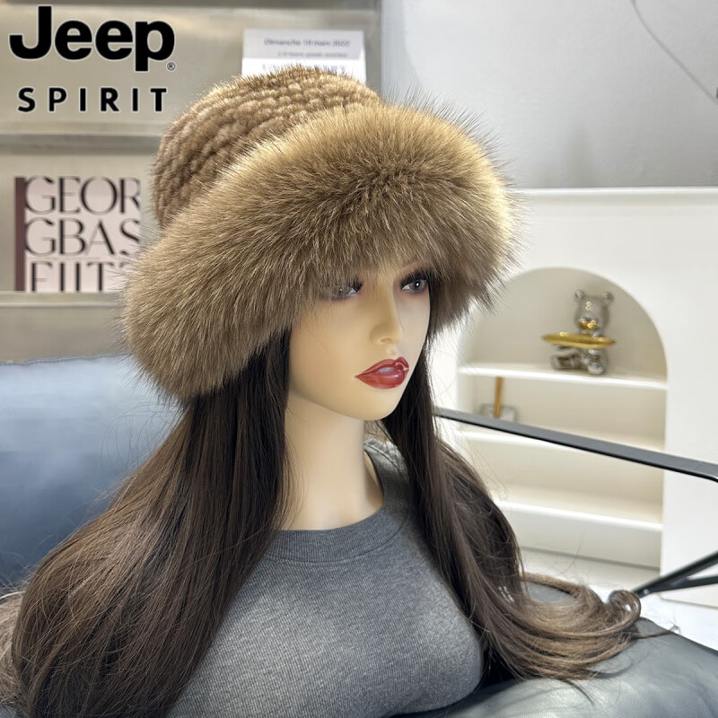 JEEP SPIRIT水貂毛帽子女秋冬季貂毛狐狸毛渔夫帽水貂皮草帽冬季时尚保暖盆帽 白色 【均码可调节】