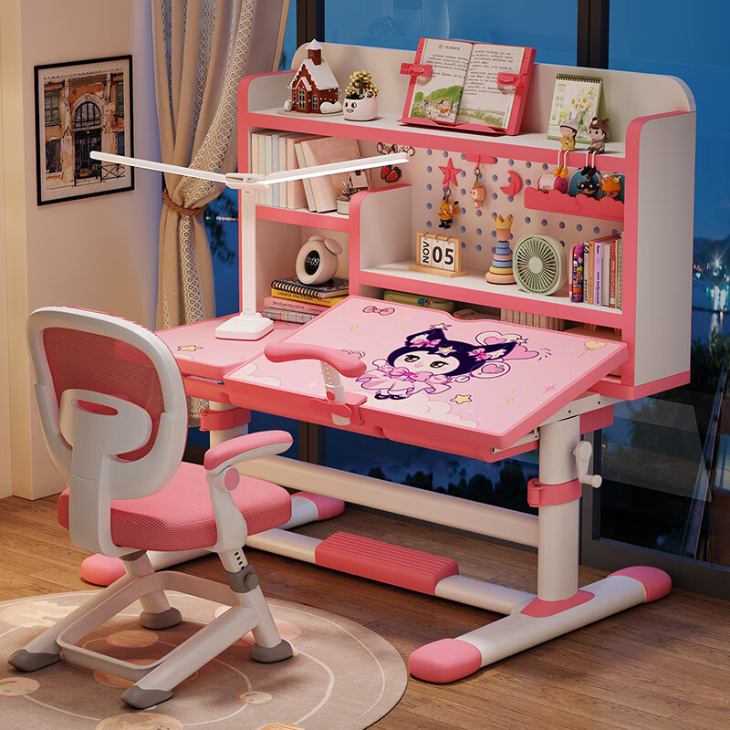 森优匠儿童学习桌书桌椅套装6-18岁专用可升降带书架一体小学生写字课桌 匠心粉兔兔多区收纳书架+分区调节桌板+三角永定椅