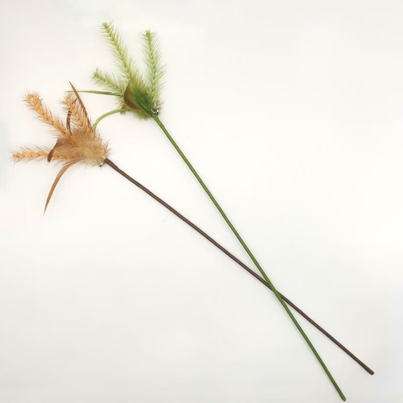 仿真植物狗尾巴草麦穗羽毛长杆逗猫棒带铃铛耐咬神器互动猫咪玩具 仿真小麦(一支，绿色)