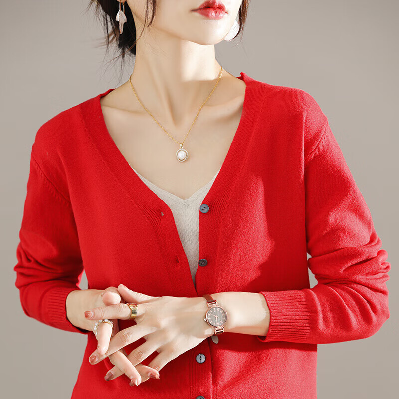 柯诗曼秋冬新款开衫女V领针织衫百搭上衣时尚宽松小外套打底外搭空调衫 大红 M 【80-100斤】 京东折扣/优惠券