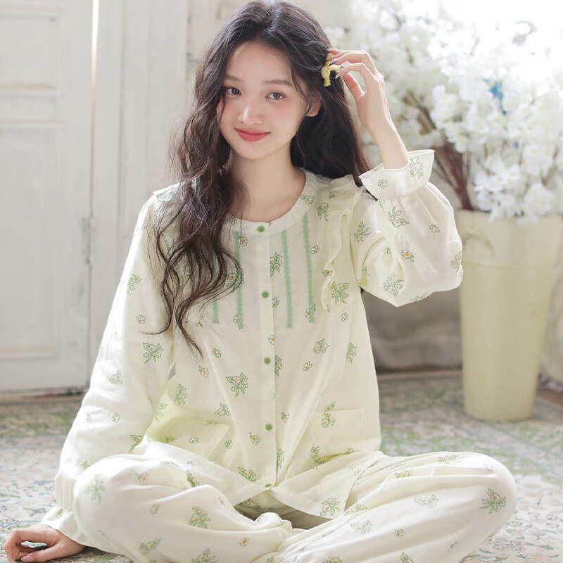 初寻春秋睡衣女款26年新款纯棉纱布清新甜美少女长袖休闲家居服套装 绿色 S （建议85-98斤左右）